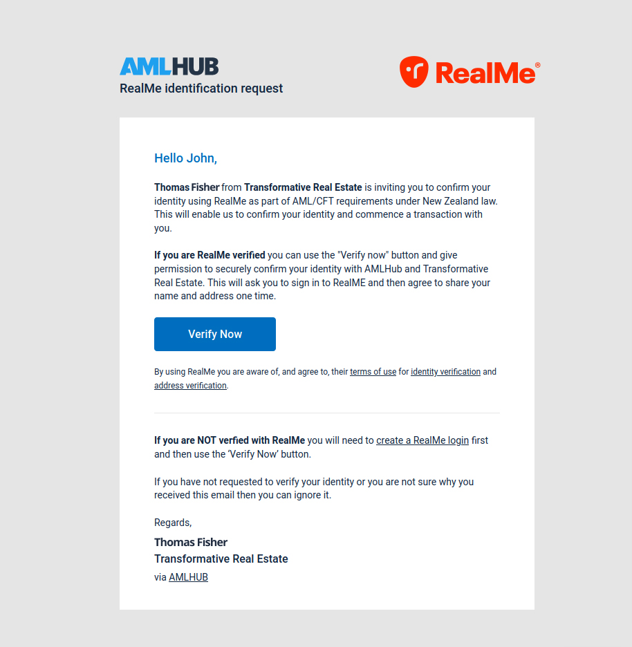 Example of AML electronic verification email from AMLHUB