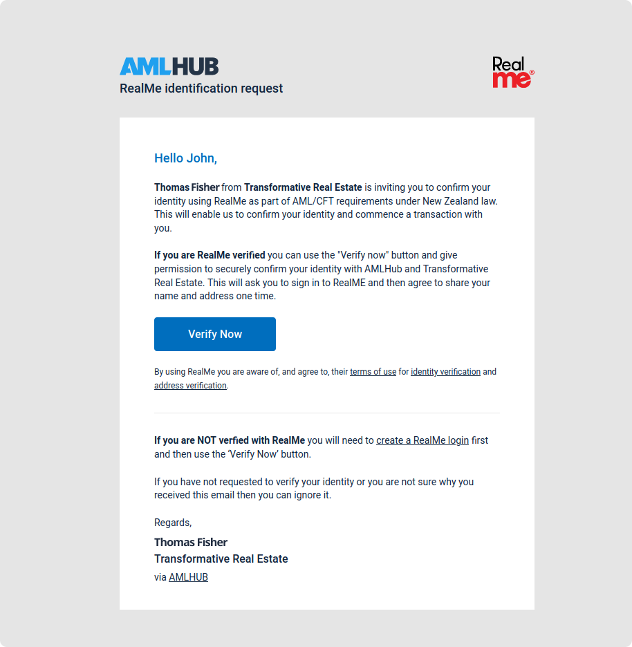 Example of AML electronic verification email from AMLHUB