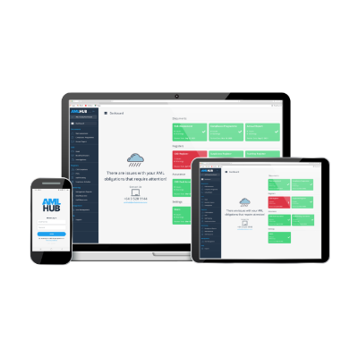 AMLHUB shown on laptop, tablet, and mobile phone