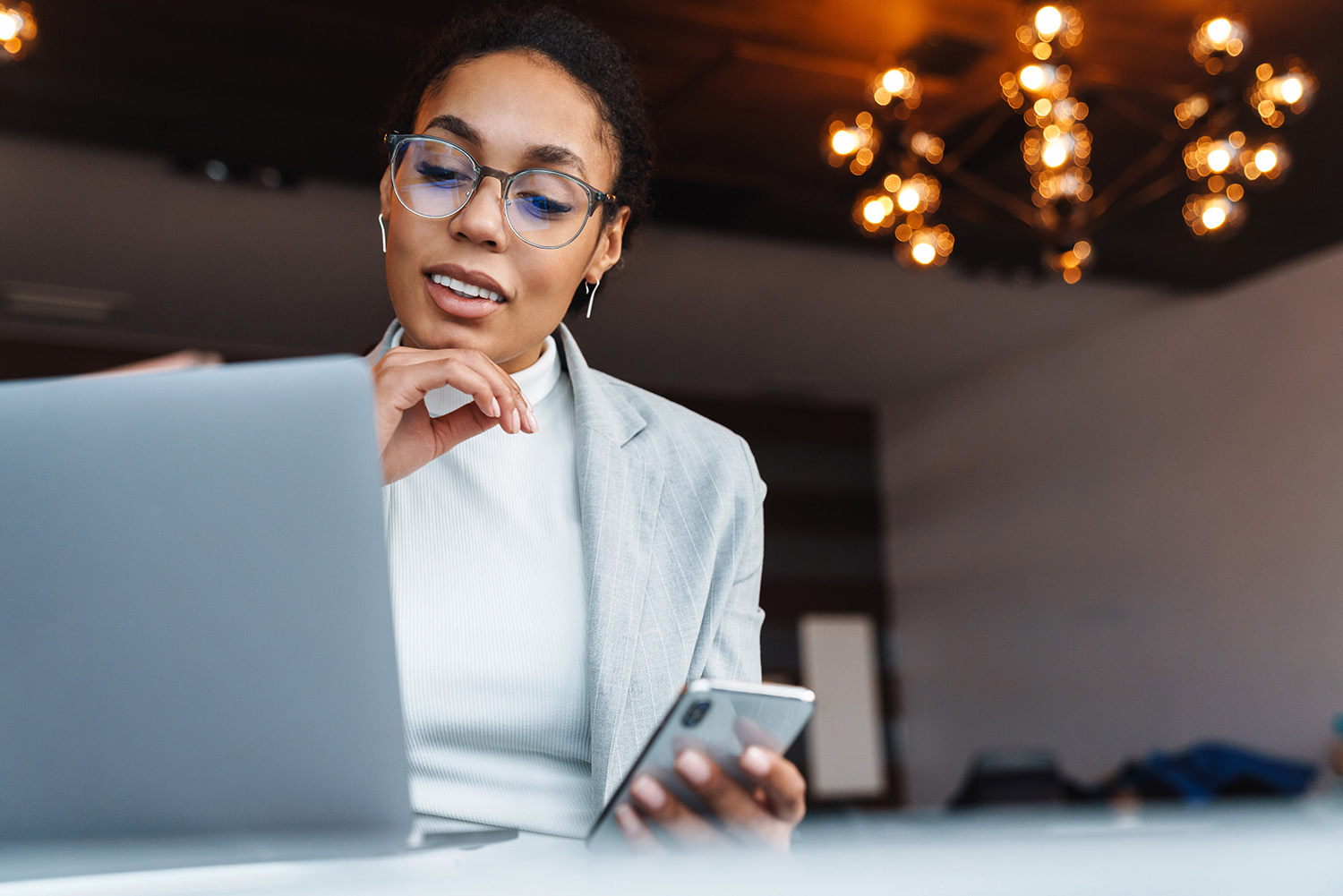 Lawyer looking at computer thoughtfully